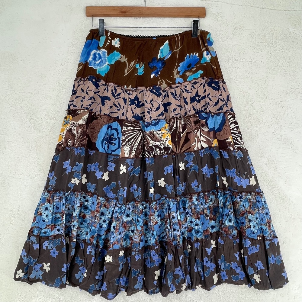 VTG Stonebridge Signature Floral Tiered Maxi Skirt Blue Brown Rayon Petite M